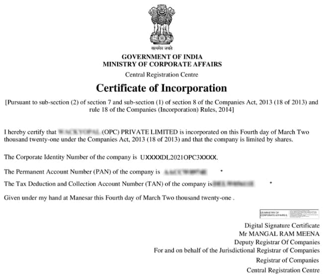 A certificate of incorporation for an OPC