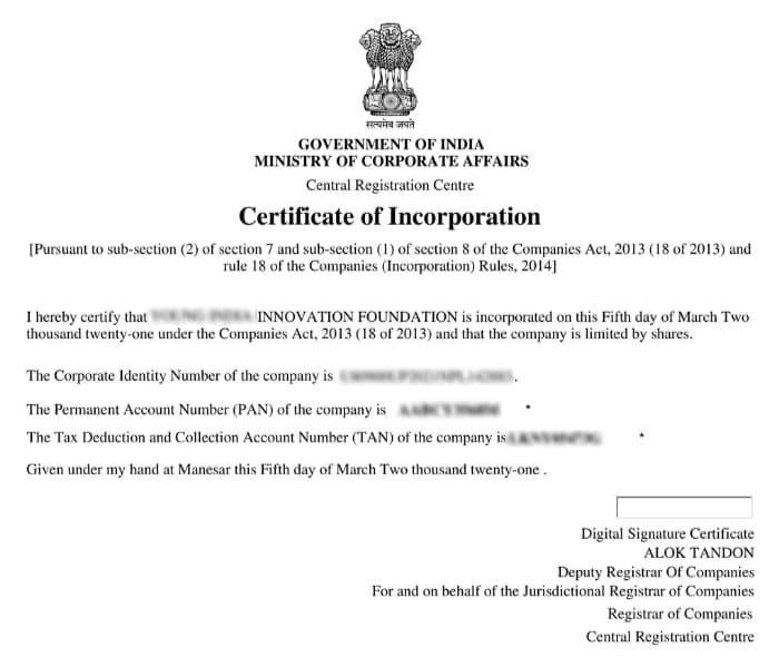A certificate Section 8 Incorporation Certificate Sample